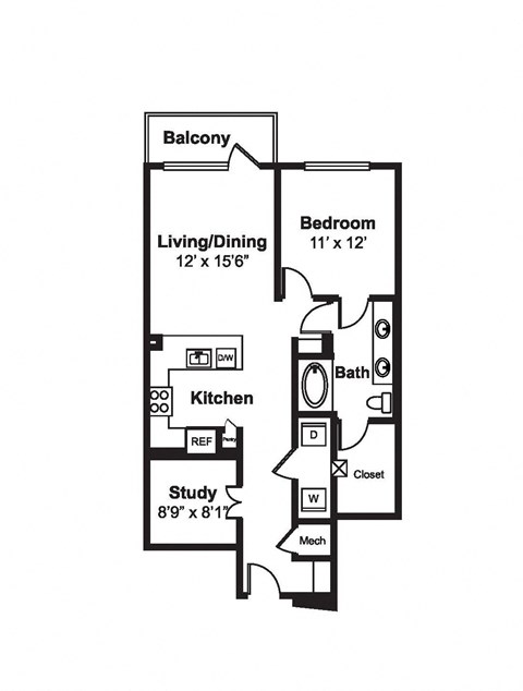 Floor plan for 1 bed, 1 bath, 893 sqft
